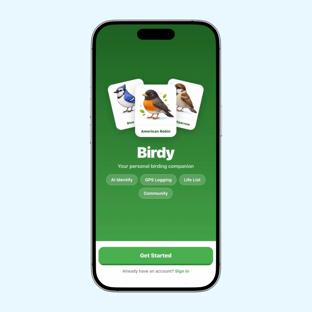 Birdy app phone mockup on a pale blue background with bird cards on the screen